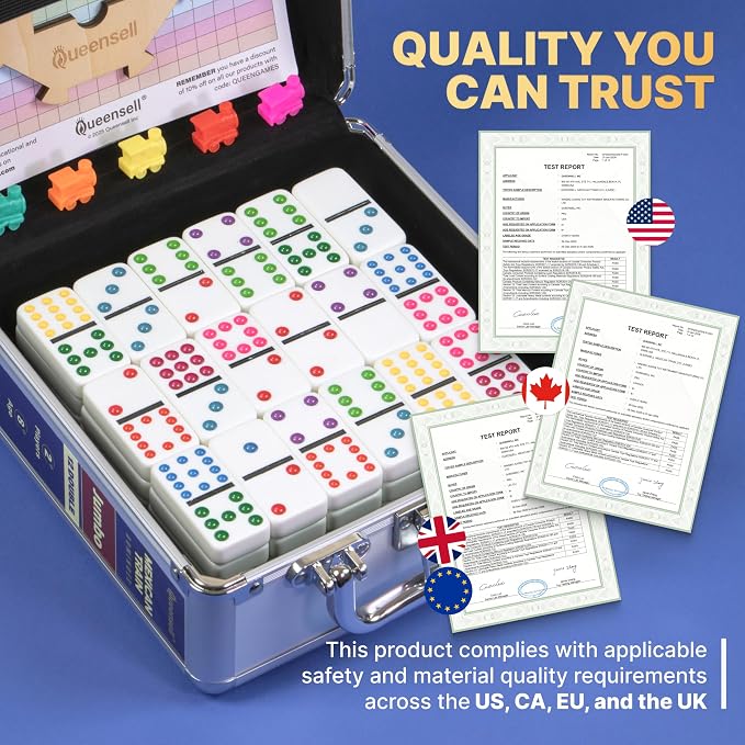 Queensell Mexican Train Dominoes Set with Jumbo Tiles – Double 12 Dominoes Set for Adults, 91 Tiles with Colorful Dots, Wooden Hub, Train & Aluminum Case