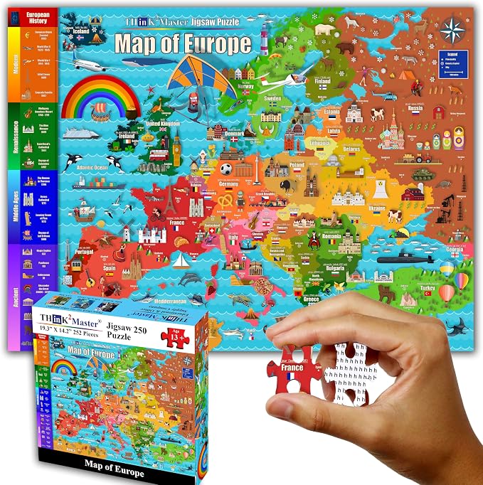 Think2Master Colorful Map of Europe 250 Pieces Jigsaw Puzzle. Great Puzzle for Adults & Seniors Easier to Handle Larger Pieces. Size: 14.2” X 19.3”
