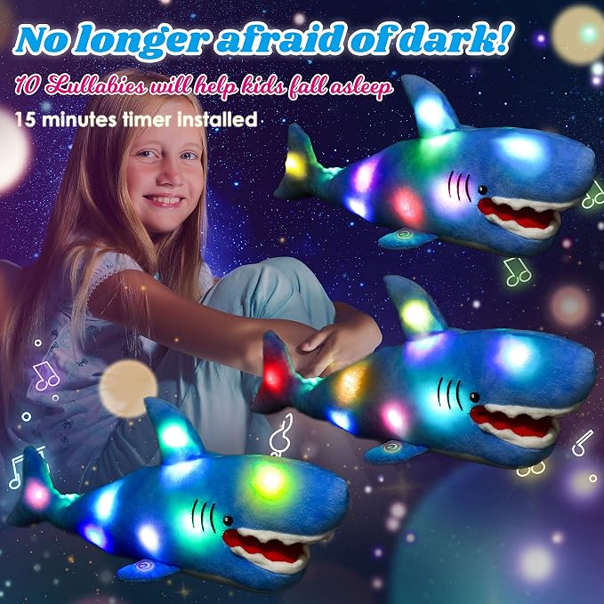 Light-up Singing Plush Shark LED Musical Stuffed Animal Adjustable Volume Lullaby Plushies Birthday Christmas Toy Gifts for Kids Toddler Girls, 13"