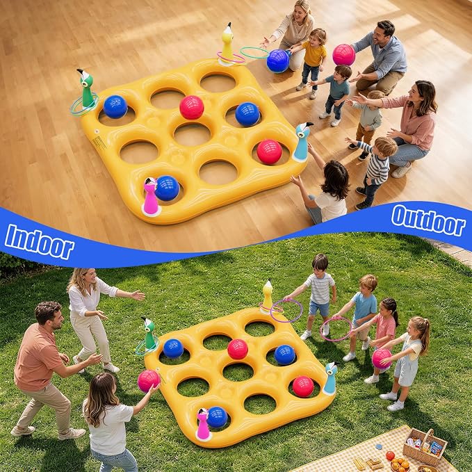 Flamingo Pool Toys Games Set, 2-in-1 Giant Inflatable Tic Tac Toe Float Game & Ring Toss Game with 10 Balls & 6 Rings, Outdoor Summer Fun Beach Yard Swimming Pool Games for Adults Teens Kids 6+