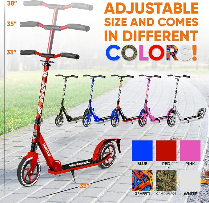 Compact Kick Scooter for Teens - Folding Stand Kick Scooters w/Adjustable Height, Alloy Anti-Slip Deck, 8” Wheels, Mud Guard Front Wheel, for Kids, Boys/Girls 8+-Year-Old - Hurtle HURTSBU (Red)