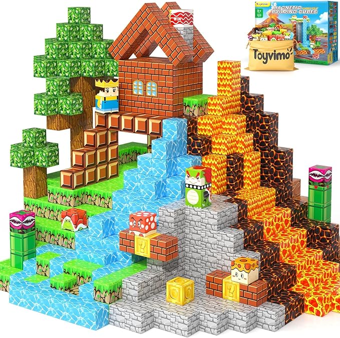 100PCS Magnetic Blocks Magnetic Building Blocks Sensory Toys for Kids Ages 3-5 6-8 8-12 Kids Game Toys for 3+ Year Old Boys & Girls, Mine Magnet World Craft 3 4 5 6 7 8 9 Year Old Boy Birthday Gift