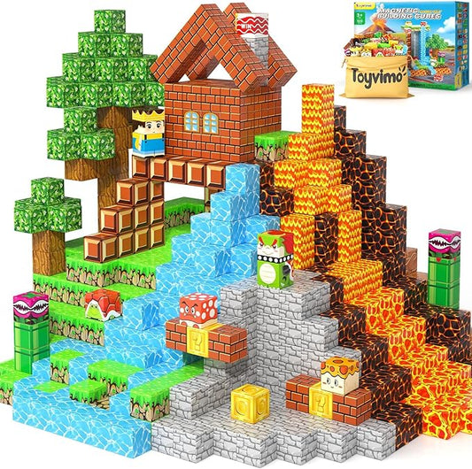 100PCS Magnetic Blocks Magnetic Building Blocks Sensory Toys for Kids Ages 3-5 6-8 8-12 Kids Game Toys for 3+ Year Old Boys & Girls, Mine Magnet World Craft 3 4 5 6 7 8 9 Year Old Boy Birthday Gift