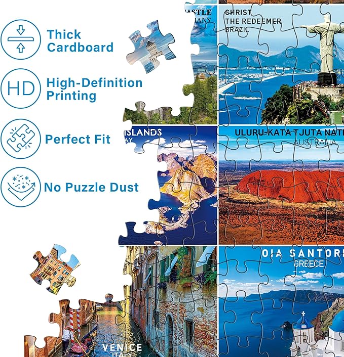 BenBen Puzzles for Adults 1000 Pieces, 56 Famous World Scenic Landmarks, Travel Poster Landscape Challenging Puzzle, Jigsaw Puzzles with Letters or Patterns on Back