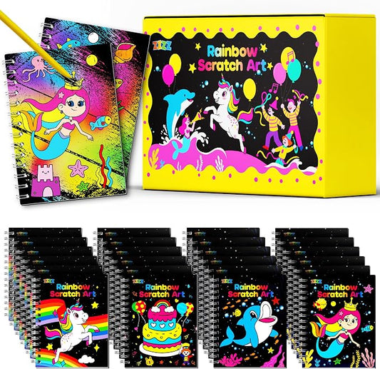 ZIZZ Scratch Art Party Favors for Kids 4-10: 24 Pack Rainbow Scratch Notebooks Gifts Kits - Mess Free Coloring Books Birthday Goodie Bags Stuffers School Classroom Travel Games for Girls Boys Toddler
