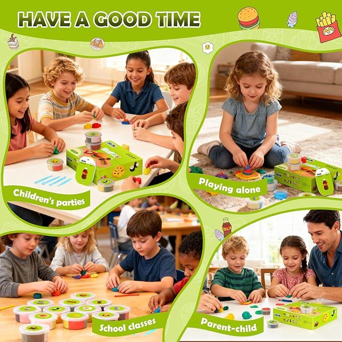 CyaJm Air Dry Clay Food Toy Kit - 12 Fast Food Themed Individual Clay Packs, Non-Toxic Ultra-Light Air Drying Modeling Clay with Tools & Guide, DIY Craft Gift for Kids Boys Girls Ages 3+