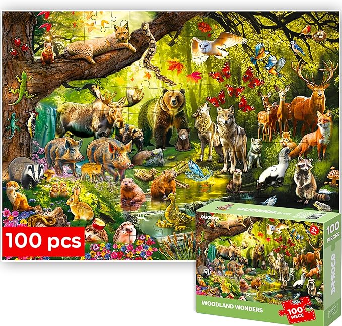 QUOKKA 100 Piece Puzzles for Kids Ages 4-6 – Floor Kids Puzzles Ages 6-8 Year Old – Toy for Learning Forest Animals for 8-10 yo – Jigsaw Toddler Game for Boy and Girl 3-5