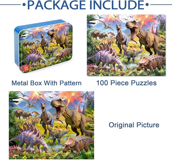 LELEMON Puzzles for Kids Ages 4-6,Dinosaur 100 Piece Puzzles for Kids Ages 6-8 in a Metal Box,Educational Jigsaw Puzzles,Childrens 100 Piece Puzzle Games Puzzle Toys for Girls and Boys
