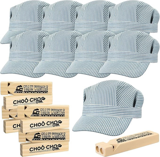 Chicingyou 8 Set Wooden Train Whistle Train Conductor Costume Choochoo Hat Dress up Kit Wood Choochoo Whistles Birthday Decorations Favors Noisemakers Goodie Bag Filler (Blue)