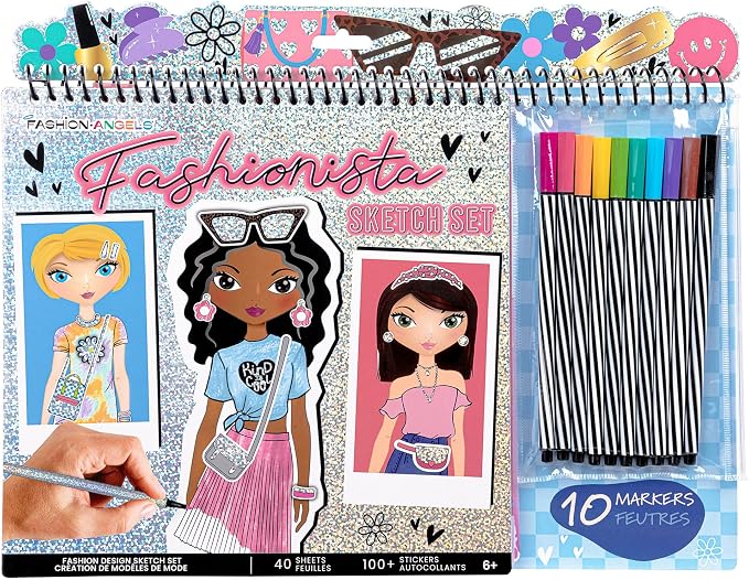 Fashion Angels Fashionista Design Sketch Book Set, Includes Sketch Pad with Stencils, Stickers & Instructions for Inspiration, Ideal Drawing Kit for Kids