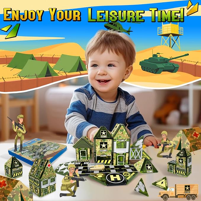 48pcs Mini Magnetic Tiles, Military Engineering Building Blocks Set in Iron Box, Portable STEM Army Travel Toys for Kids, Quiet On-the-Go Activities & Preschool Learning for Toddlers