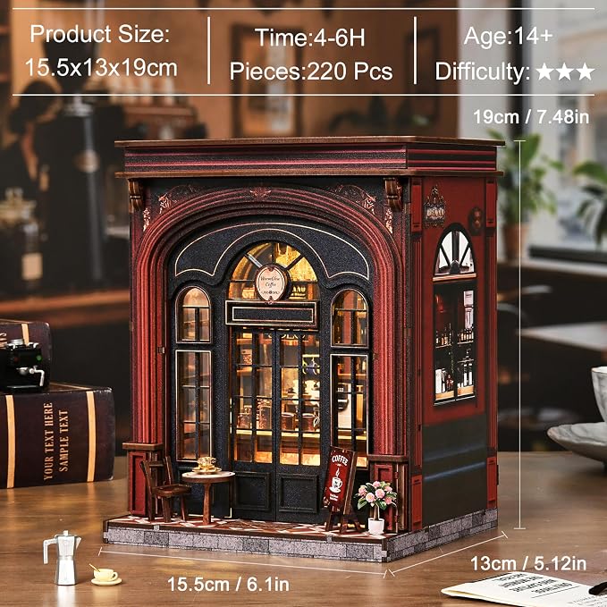 ISSEVE Coffee Shop Book Nook Kit for Adults with LED Light, Bookshelf Decor | DIY Miniature Dollhouse, Book Ends Decor, Gifts for Book Lovers Women Family Friends, Holiday Gift, 3D Wooden Puzzle