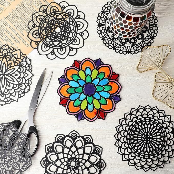 Tinlade 18 Pack Color Mandala Window Clings DIY Kit Stained Glass Kits for Adults Suncatchers for Windows Arts and Crafts DIY for Adults Mandala Sun Catcher for Beginner Teens, 6 x 6 Inches(Colorful)