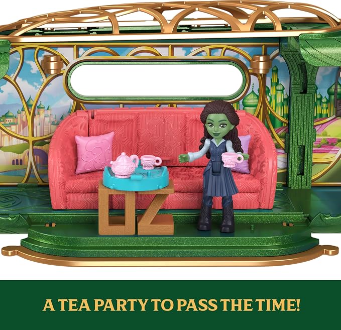 Mattel Universal Pictures’ Wicked Emerald City Train Playset with Elphaba Small Doll, 3 Play Spaces & 14 Accessories, Inspired by the Movie
