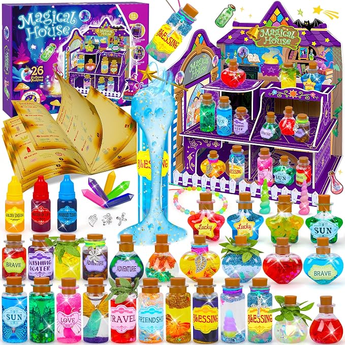 Fairy Magic Potions Kit for Kids, with Magical House, 26 DIY Mixed Magic Wizard Potion Bottles, Mystery Potions Craft Kit, Christmas Decorations Birthday Gifts for Age 6 7 8 9 10+ Year Old Girls Boys