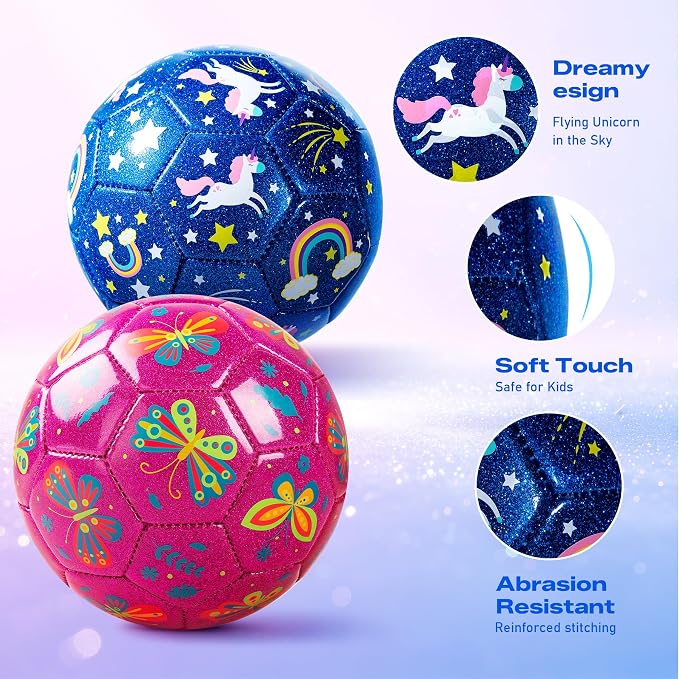 INPODAK Soccer Ball Size 3 Size 2 for Toddlers Kids 1-3 3-8, 1 or 2 Pack Cartoon Small Dinosaur Unicorn Soccer Ball Gifts for Girls Boys, Indoor Outdoor Sports Play Toys Birthday Gifts with Pump