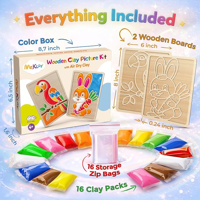 Air Dry Clay for Kids - Modeling Clay for Kids DIY Arts and Crafts Kit with 16 Soft Colored Magic Clay Bags & 2 Engraved Wooden Boards - Wooden Clay Picture Kit for Boys and Girls Ages 4-8