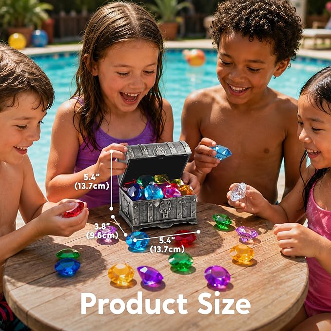 Sloosh Diving Gems Pool Toys,16 Big Colorful Diamond with Pirate Treasure Chest,Swim Dive Toy for Kids Underwater Gemstone Swimming Training Gift Water Toys Pool Games(Silver)