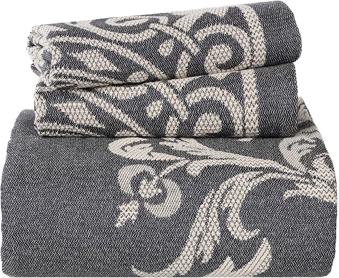 Superior Cotton Blend Bedspread Set, Includes 1 Tailored Bedspread and 2 Matching Pillow Shams, Lightweight Blanket, Bedding Decor, Jacquard Vintage Floral Mandala, Lyron Collection, King, Denim Blue