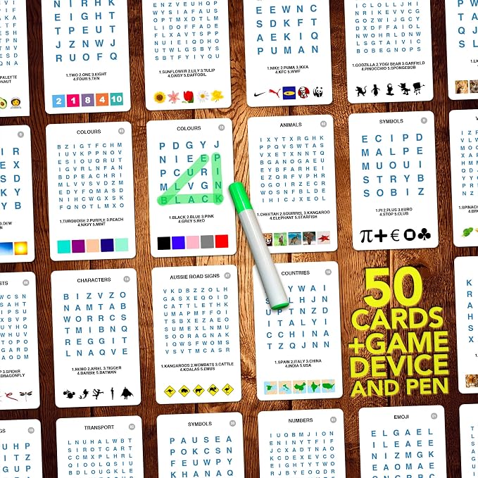 100 PICS Word Search Travel Game - 100 Puzzles with Picture Clues | 50 Wipe Clean Cards with Slide Reveal case and Pen | Activity, Gift, Stocking Stuffer | for Kids and Adults, Age 6+