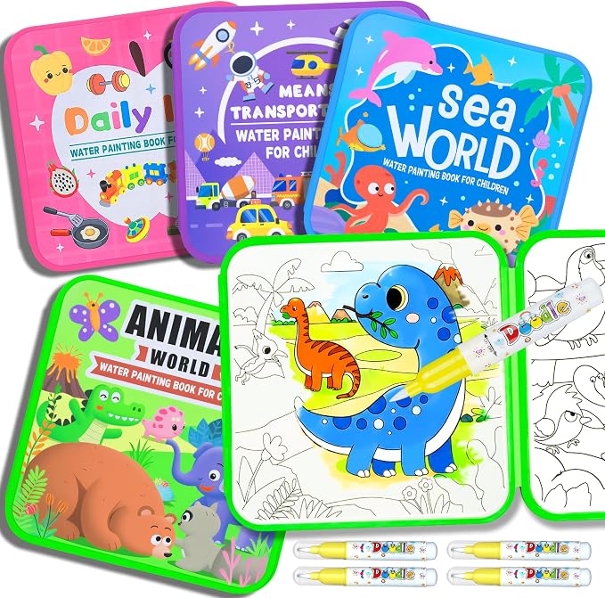 Reusable Water Coloring Books for Toddlers 1-3, Mess-Free Water Painting Book Set With Water Pens(Airplane & Dinosaur) Travel Art Craft Activity Toys for Girls Boys Ages 3+, Birthday Gifts - 4PCS