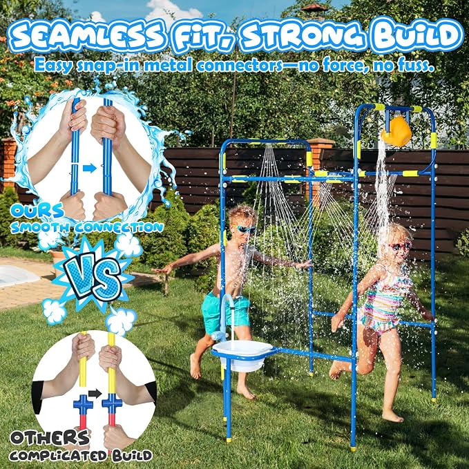 Backyard Waterpark for Kids, Heavy-Duty Steel Water Park Sprinkler Toy Game with Splash Buckets, Collapsible Wash Basin & Water Faucets, Water Play Activities Outdoor Summer Toys