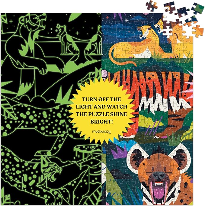 Mudpuppy Predators Illuminated 500 Piece Glow in The Dark Jigsaw Puzzle for Kids and Families, Family Puzzle with Glow in The Dark Predators Theme
