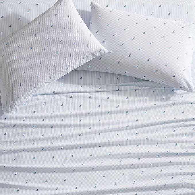 Nautica - Full Size Sheet Set, Crisp & Tailored Cooling Sheets with a Smooth Cotton Percale Lightweight Feel - Bed Sheets with Matching Pillowcases & Fitted Sheet (Boat Stripe Pale Blue)