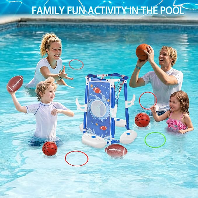 Pool Basketball Hoop, 3-in-1 Floating Basketball Hoop & Football Ring Games with 5 Balls 12 Rings and Pump, Outdoor Family Party Water Swimming Pool Basketball Toys for Kids Ages 4-8 8-12