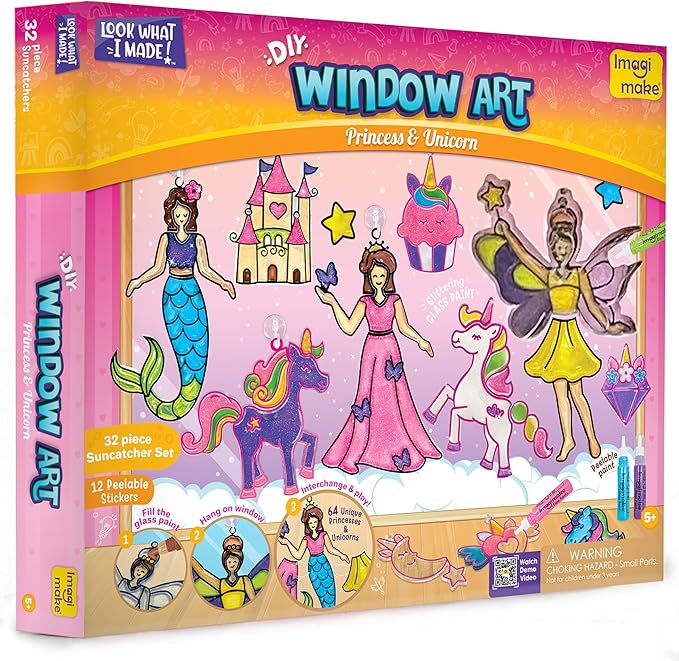 Imagimake Window Art Princess & Unicorn | Mermaid Suncatcher Kit | 32 Pieces Glass Painting Set | Kids Activities Ages 5-8 | DIY Craft Kit | Birthday Gift for Girls Ages 5,6,7,8,9,10,12 Years Old