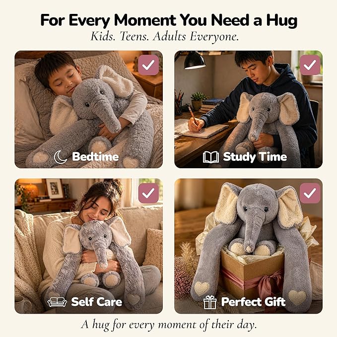 Huggle Healers Weighted Stuffed Animals for Adults, Teens and Kids - 36 Inch Long Plush Arms for Hugs - 4.5lb Elephant Stuffed Animal Plushies - Hathi Elephant
