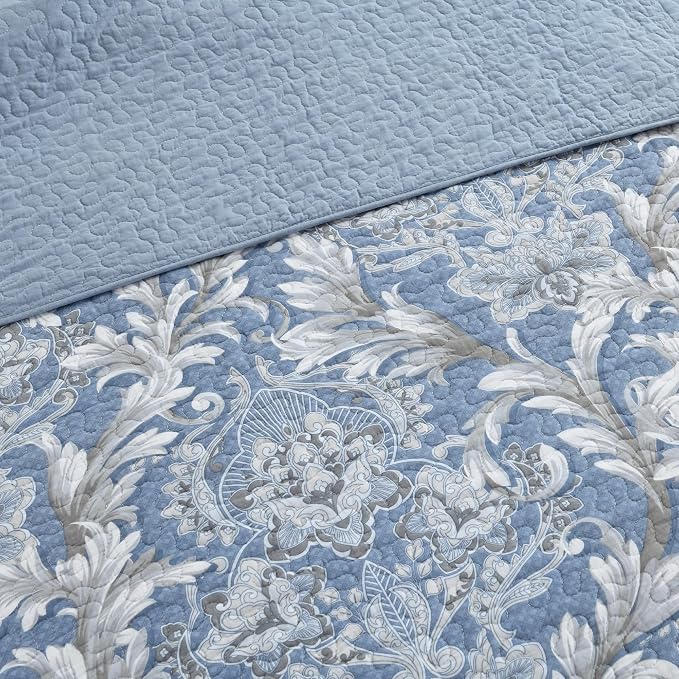 Queen Size Quilt Set - Dusty Blue and Gray Quilt Set Queen, 100% Cotton Floral Bedspread Set 3 Piece, Classic Damask Bedspread, Reversible Lightweight Quilt Bedding Set