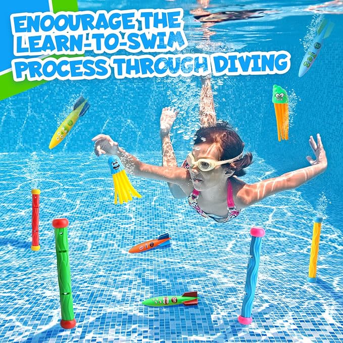 Dive Rings Pool Toys Adults, Diving Pool Toy for Kids Ages 4-8, Shark Torpedo Dive Set, Octopus Toddler Water Fun Toys, Summer Essentials Underwater Swimming Throwing Gifts for Boys & Girls