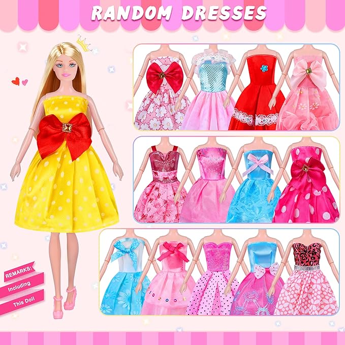 135 Pcs Doll Clothes and Accessories with Doll, Princess Gowns, Fashion Dresses, Slip Dresses, Top, Pants, Jumpsuit, Swimsuits, Shoes, Hangers, Doll Dress up Toys for Girls Kids Toddlers Toy Gifts