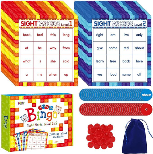 SpriteGru Sight Word Bingo Game, 120 Sight Words Learn to Read Level 1 & Level 2 Bingo Board Game Dolch's & Fry's Words Lists for Kindergarten and Preschool Kids 4-8, Perfect for Classroom & at Home