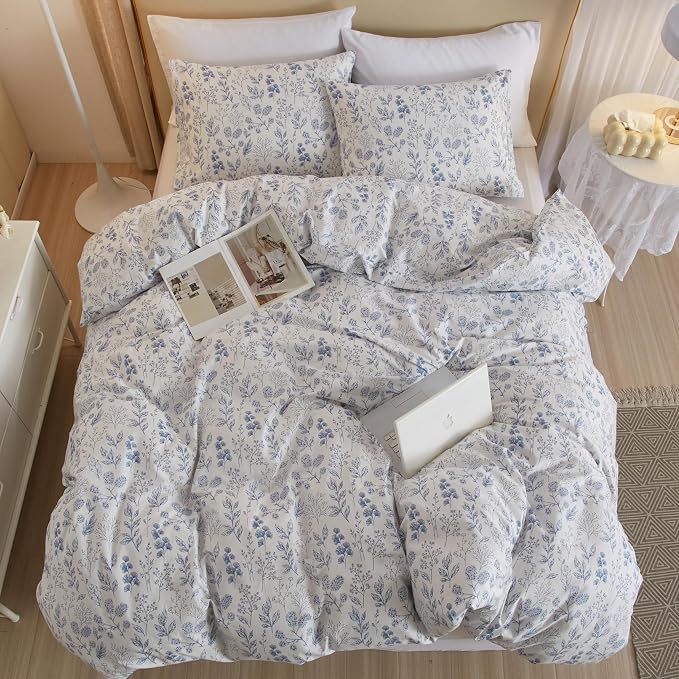Blue Floral Comforter Set Twin XL Vintage Floral Botanical Bedding Comforter Set Cottagecore Cute Flowers Comforter with 2 Pillowcases Fluffy Soft Aesthetic Botanical Bedding Set for All Seasons
