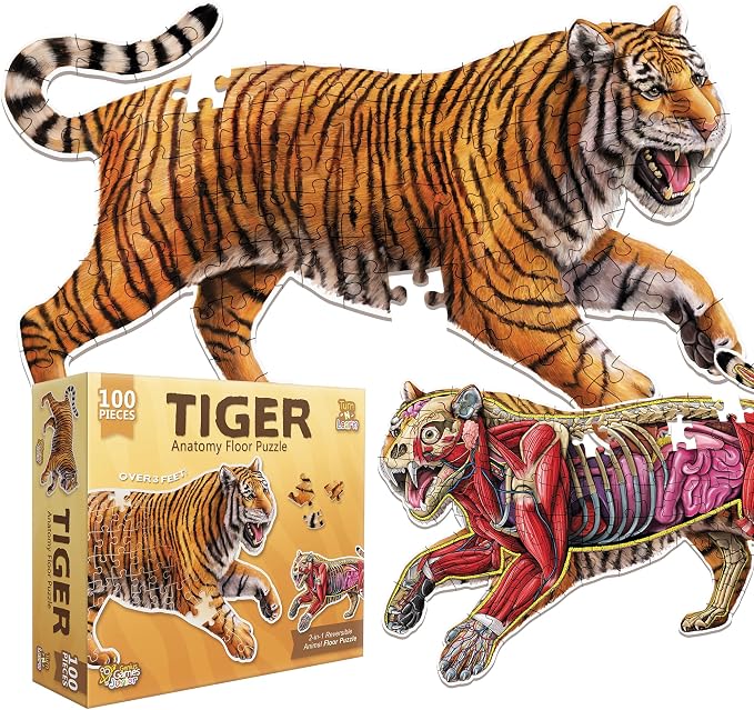 Tiger Animal Anatomy Floor Puzzle | 100-Piece Double Sided Jigsaw Puzzle | Large-Sized, Over 3 Feet Scientifically Accurate Illustration - Fun and Educational Toy for Kids, Toddlers and Families