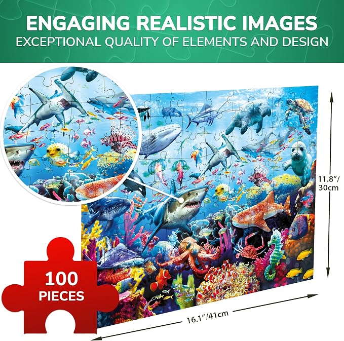 QUOKKA 100 Piece Puzzles for Kids Ages 4-6 – Floor Kids Puzzles Ages 6-8 Year Old – Toy for Learning Ocean Animals for 8-10 yo – Jigsaw Toddler Game for Boy and Girl Age 3-5