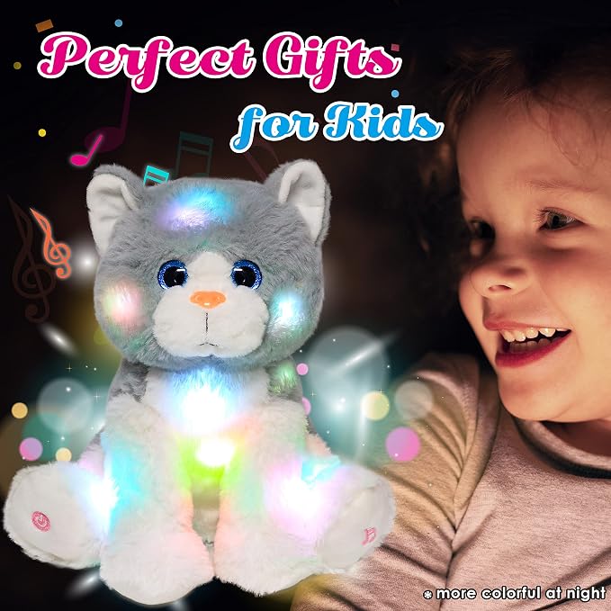 Light-up Singing Plush Cat LED Musical Kitty Stuffed Animal Adjustable Volume Lullaby Plushies Birthday Christmas Toy Gifts for Kids Toddler Girls, 10.5"