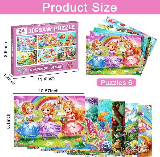 MZZOTOY 6 Packs Puzzles for Kids Ages 4-6, 24 PCS Princess Unicorn Jigsaw Puzzles for Kids Ages 3-5 | 4-8，Preschool Educational Puzzles Toys Gifts for 3 4 5 6 Boys Girls ﻿