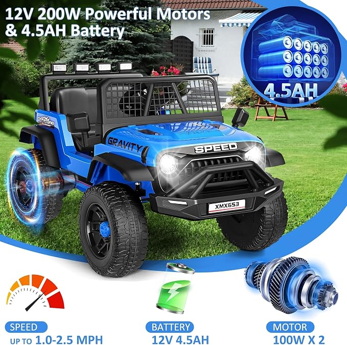 Hikole 12V Ride on Toys with Remote Control, Power Wheels Truck with Remote Control, 3 Speed, Bluetooth, Music, Soft Start, LED Lights, Electric Cars for Kids Boys Girls 3-5, Blue