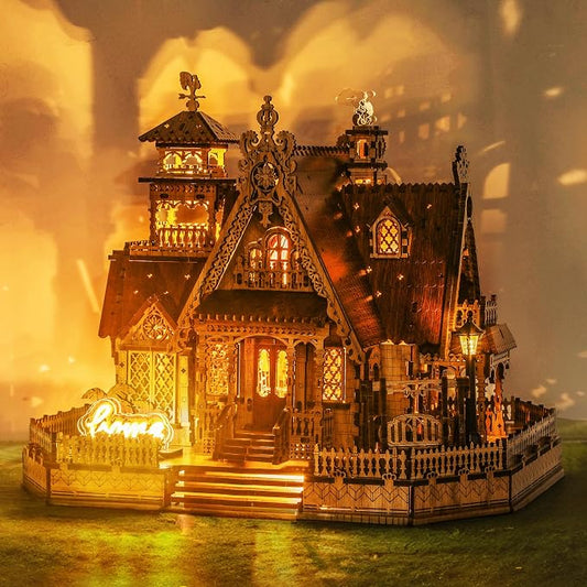 FUNPOLA 3D Wood Puzzle Countryside Cottage Model - DIY Miniature Building Kit with Spark LED Lights - Craft Rural Architecture Home Décor Gift for Adults