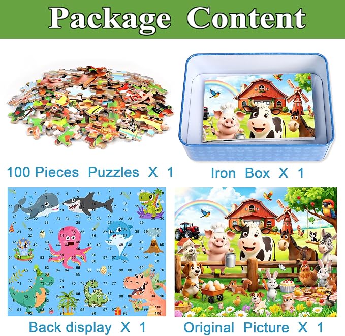 MZZOTOY Farm Animals Puzzle for Kids Ages 4-8, 100 Pieces Jigsaw Puzzles for Kids Ages 3-5， Learning Educational Puzzles Toys Great Gift for Boys Girls in a Metal Box