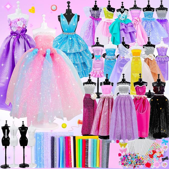 MINIFUN 800+Pcs Fashion Designer Kit for Girls, Sewing Kit with 4 Mannequins, DIY Arts and Crafts Kit for Kids, Doll Clothes Making Kit, Girl Toys for Age 6 7 8 9 10 11 12 Year Old Gifts