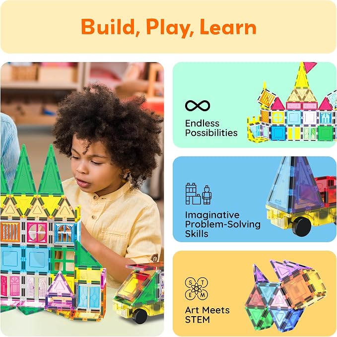 PicassoTiles 240pc Magnetic Tiles Building Set with Storage Bag Themed Stickers and Car Base Magnet Tile STEM Sensory Fun Creative Learning Classroom Must Have Educational Toy Boy Girl Age 3+ PT240