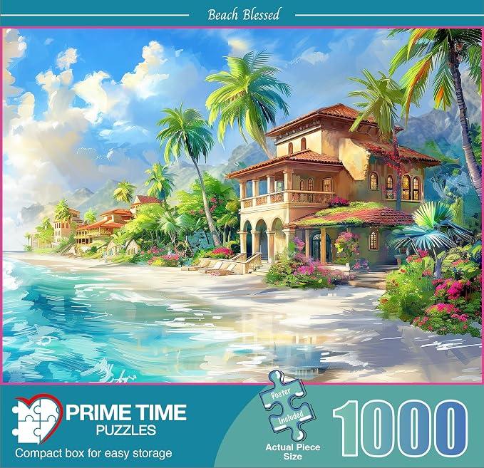 1000 Piece Jigsaw Puzzle for Adults - Elegant Beach House Near The Blue Ocean Waves with Tropical Flowers - Challenging Puzzle Perfect for Game Night - Hawaii Paradise - 20x27 inch