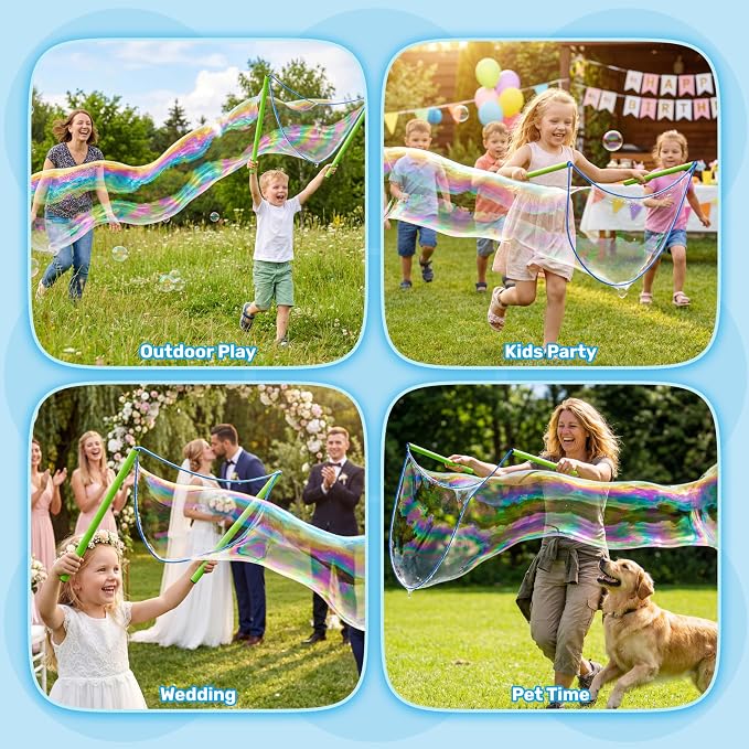 SYNCFUN 4 Pcs Giant Bubble Wand, 1 Big Bubble Wand Set with 3 Packs 33X Super Concentrate Solution, Giant Bubbles Maker for Kids Summer Outdoor Toy Game Activity Birthday Party Favors