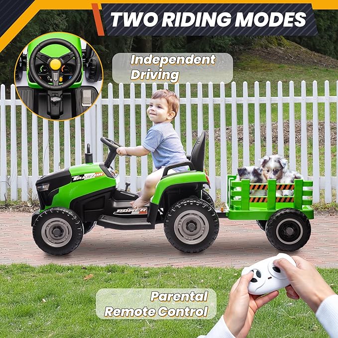 JOYRACER 24V Ride On Toys for Kids, Electric Ride on Tractor w/400W Motors, Tiltable & Detachable Trailer, Adjustable Seat, Bluetooth, Music, Remote Control Tractor Toys for Kids Ages 3+, Green