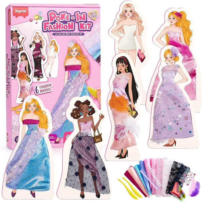 Poke-in Fashion Designer Kit for Girls, No-Sew DIY Craft Toys with 6 EVA Mannequins & Real Fabric, Safe & Non-Toxic Creative Dress Up Activity, Mess-Free Arts and Crafts Gift for Girls Age 5-12
