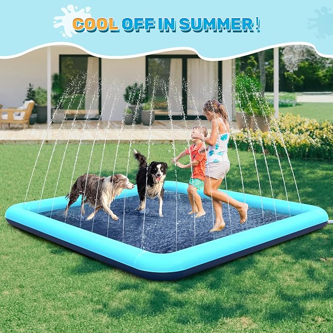 76" x 76" Square Splash Pad for Kids & Dogs, Non-Slip Sprinkler Pool, Shallow Water Play Mat for Toddlers, Outdoor Backyard Water Toys, Teal